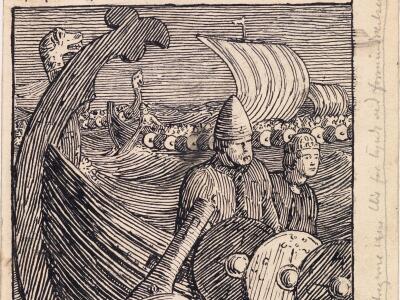 Tegning av vikinger på vikingferd. Illustrasjon.