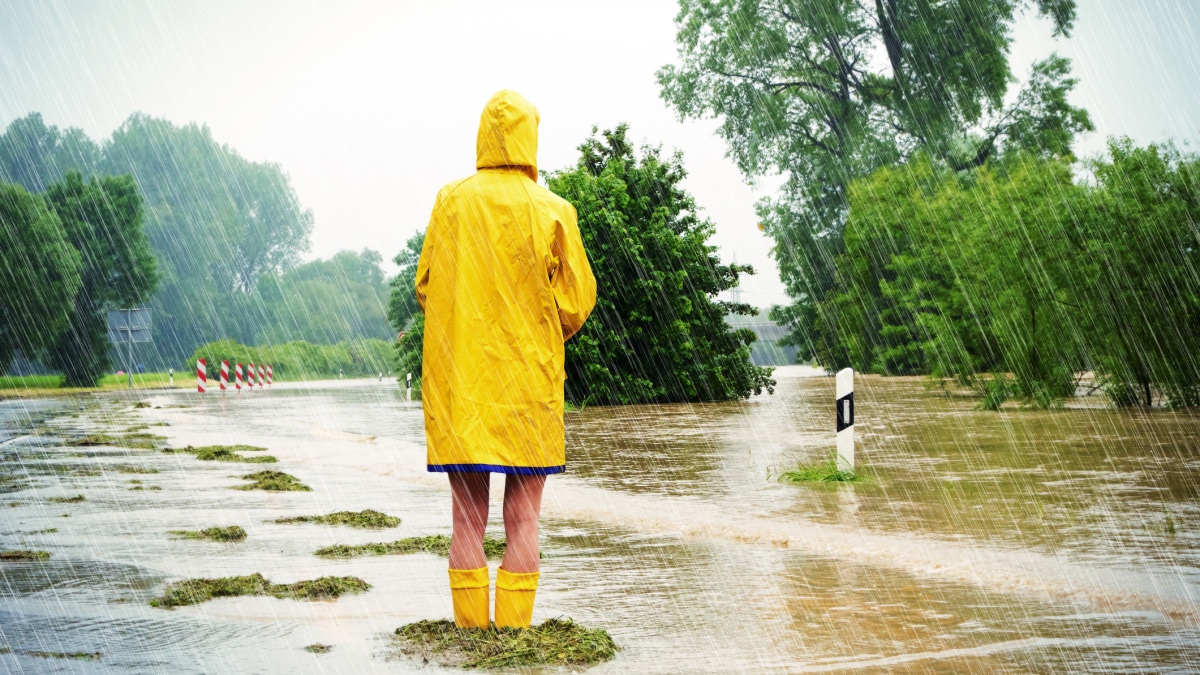 Person i gult regntøy på oversvømt vei. Det regner kraftig. Foto