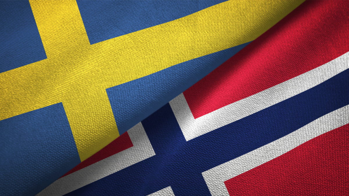 Norsk flagg og svensk flagg. Foto.