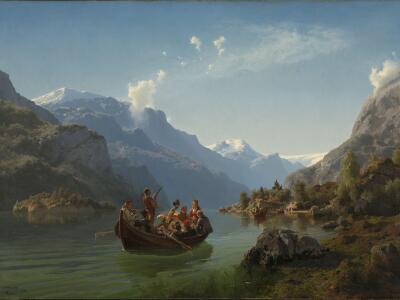 Et maleri av en robåt i en norsk fjord. I båten sitter et brudefølge. Fjellene og vannet ser storslått og vakkert ut.