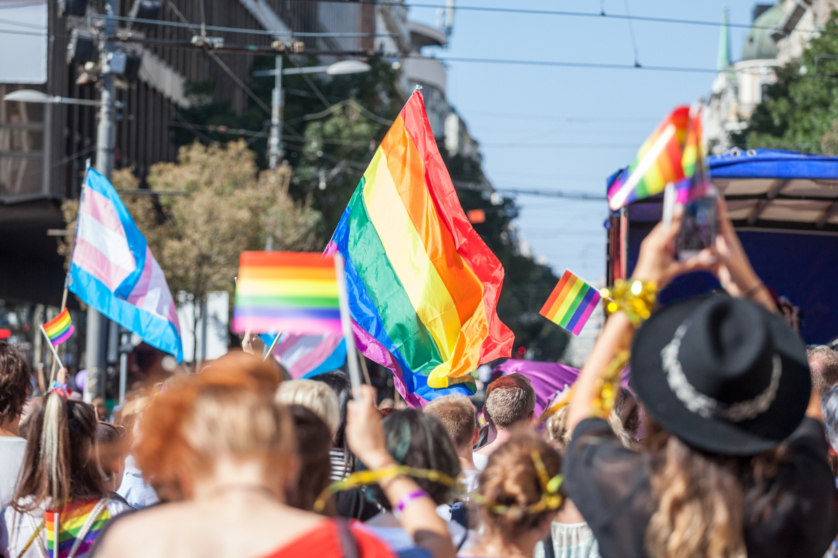 En folkemasse jubler og holder opp pride-flagg som er regnbuefarget og trans-flagg som er lyseblå og lyserosa.